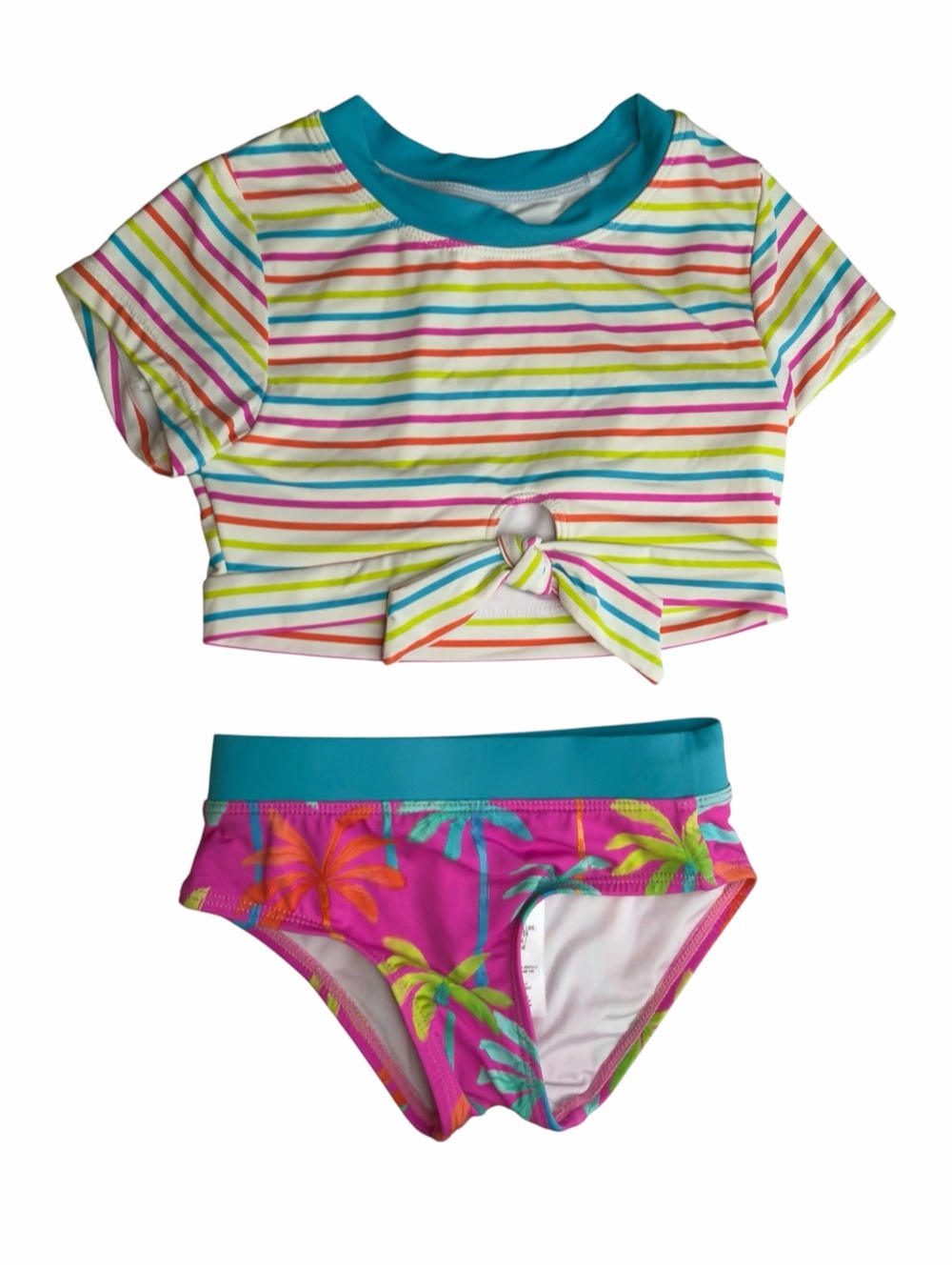 Hatley Kids Rainbow Stripe bathing suit- Teal & Pink Sz 2